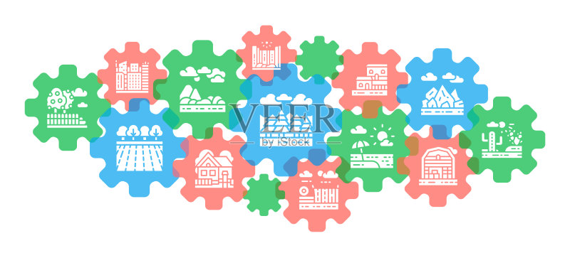 景观线性图标banner:桥梁、森林、花园、火山、风车图标集,白色背景图标素材