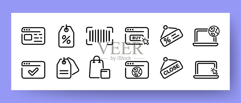 在线订单图标:网站、优惠券和条形码图标素材