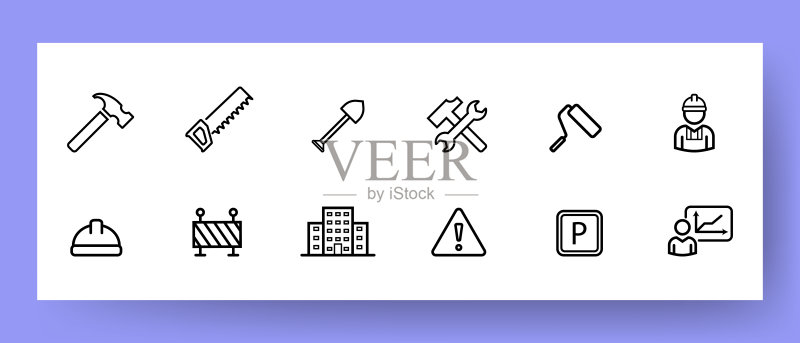建筑工具图标:锤子、锯子、铲子、滚筒和安全帽图标素材
