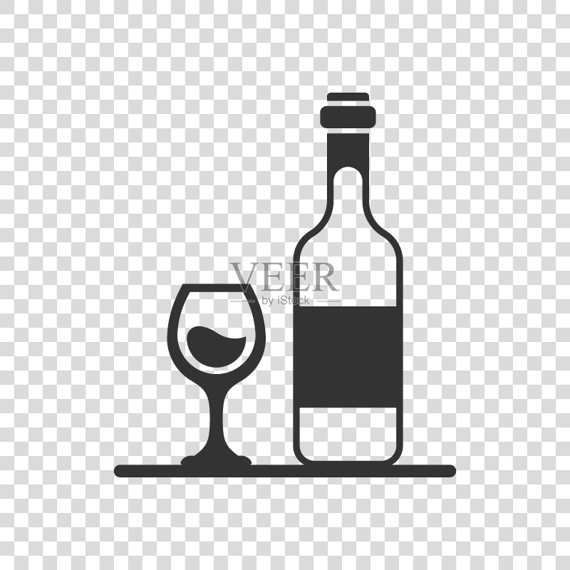 扁平风格的葡萄酒杯和酒瓶图标。香槟饮料矢量图在孤立背景上。鸡尾酒饮品标志商业理念。图标素材