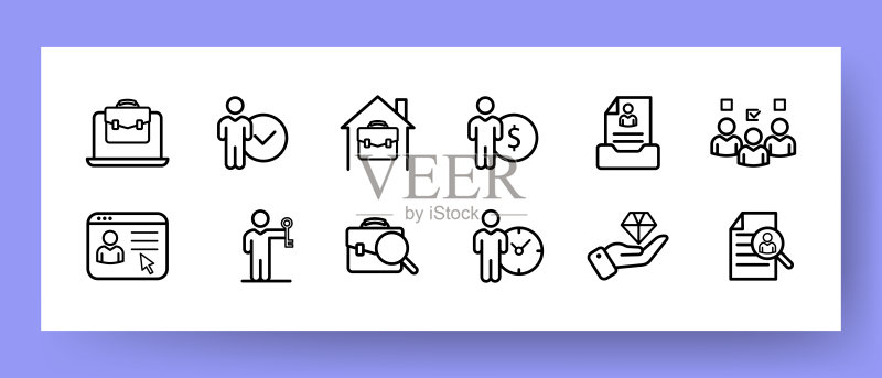 工作设置图标:公文包、笔记本电脑、工资、简历、钥匙、时间、团队合作等。 商业和广告的矢量线条图标图标素材