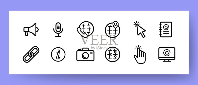 网站用服装纽扣图标集。用于分享、录音、通话、联系、信息、帮助、附加文件、拍照的纽扣。象形图概念。商业和广告矢量线条图标图标素材