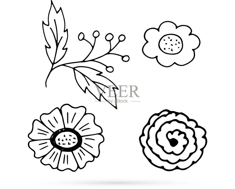 儿童手绘线条涂鸦花朵树叶套装图标素材