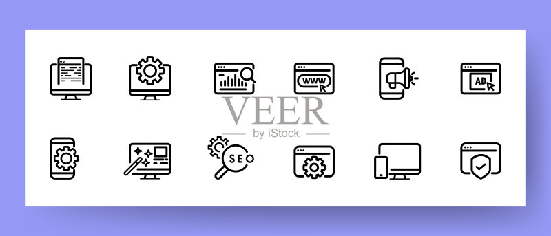 网站图标集:文件、计算机设置、搜索、互联网、分享、广告、应用、SEO、成功等。网络概念。用于商业和广告的矢量线条图标图标素材