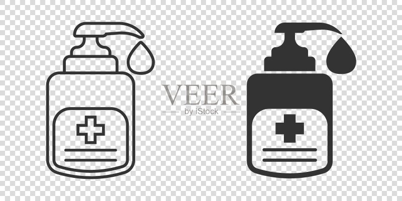 扁平风格的免洗洗手液图标。隔离背景上的消毒液瓶矢量图。消毒凝胶标志商业概念图标素材