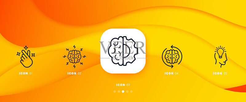 大脑图标集。手、灯、头、反思、想法、实现、动机。创意思考概念。带有图标和5个步骤的信息图时间线。用于商业和广告的矢量线条图标图标素材