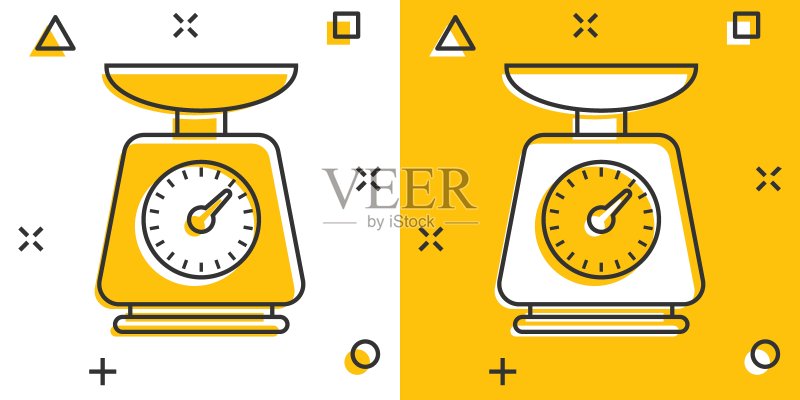 漫画风格的浴室体重秤图标。孤立背景上的质量测量卡通矢量插图。超重飞溅效果标志商业概念。图标素材