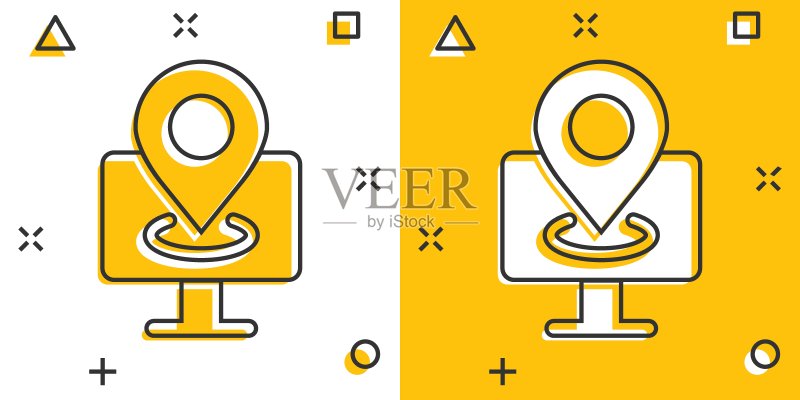 漫画风格的电脑导航图标。显示器图钉GPS卡通矢量插图,白色孤立背景。城市区域位置飞溅效果商业概念。图标素材