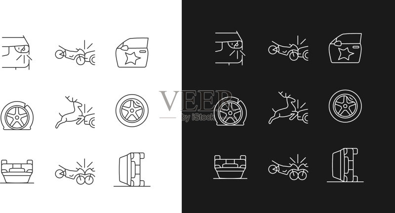 深色背景的常见车祸线性图标集图标素材