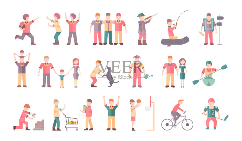 不同情境与姿势的人物:朋友、家庭、情侣、爱好、运动。扁平风格图标。矢量素材。图标素材