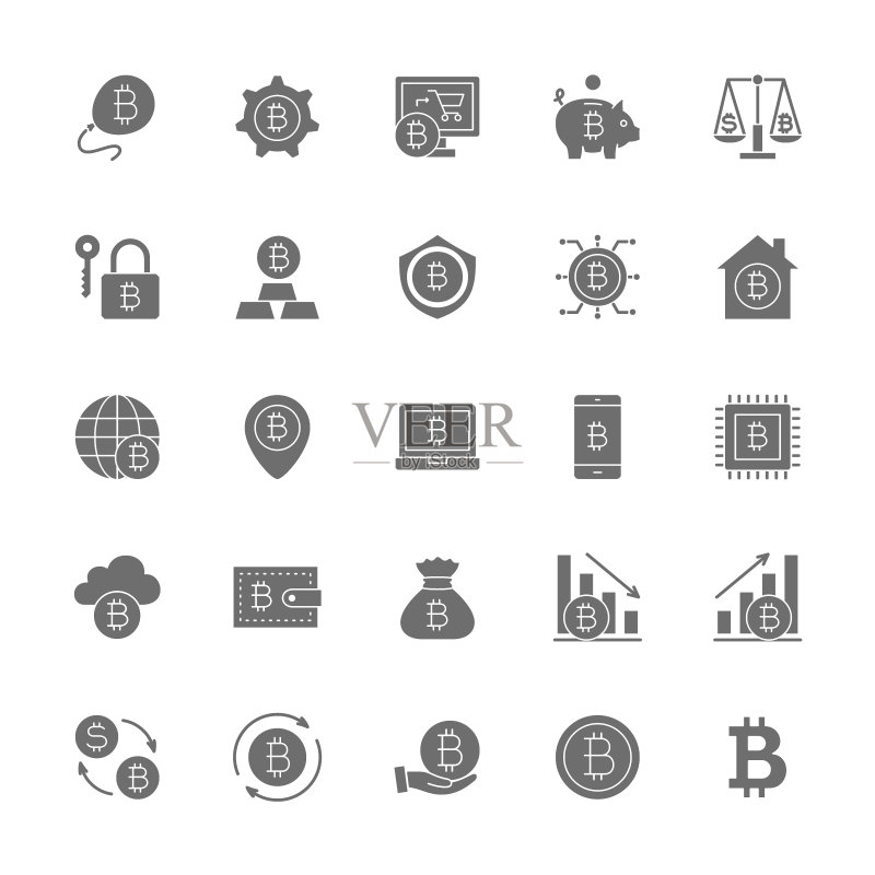 比特币和加密货币灰色图标集:48x48像素图标包图标素材