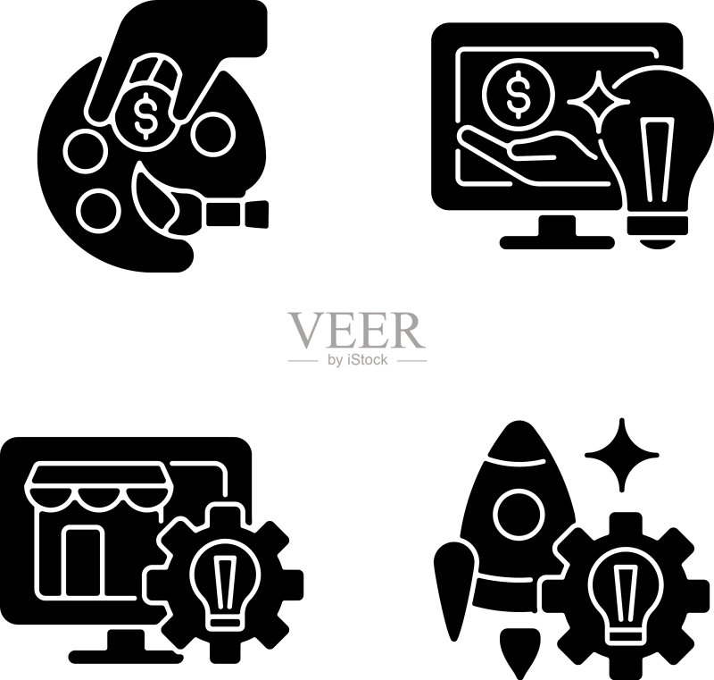 白色背景上的启动创意黑色字形图标集图标素材