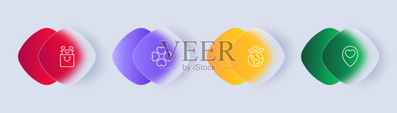 爱心图标集:创可贴、爱心雨、同情、礼物、点赞、指针、认可,关怀概念,玻璃拟物风格矢量线性图标,适用于商业广告图标素材