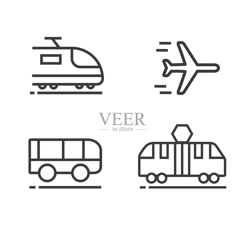 火车、电车、飞机和巴士图标矢量插画图标素材