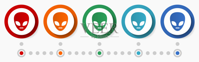 UFO外星人概念矢量图标集信息图表模板扁平化设计彩色网页按钮5种颜色选项图标素材