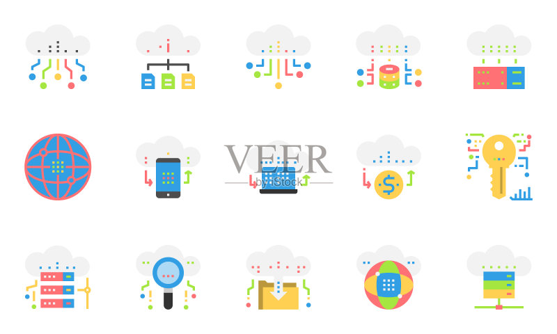 云数据技术服务图标符号设计,用于Web图形报告Logo信息图的简约集。最佳质量轮廓符号矢量集合图标素材