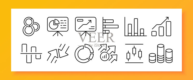 信息图表图标集:示意图、版面、表格、列、分析、箭头、圆圈、统计、追踪。数据分析概念。商业和广告矢量线性图标图标素材