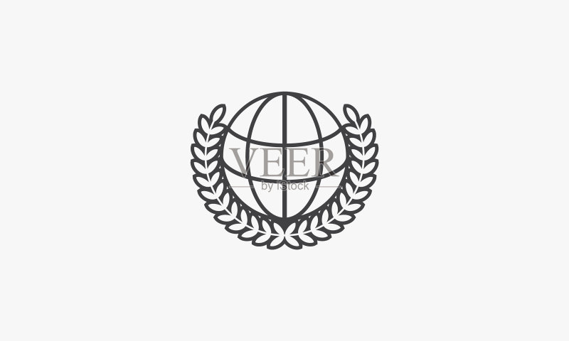 白色背景上带有月桂花环的地球线条图标图标素材