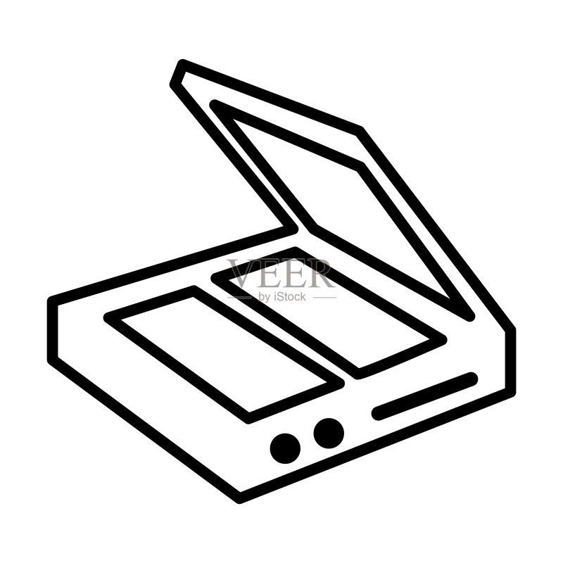 扫描仪图标。白色背景上的细线条扫描仪轮廓图标。用于Web和移动设备的线条矢量扫描仪标志、符号。图标素材