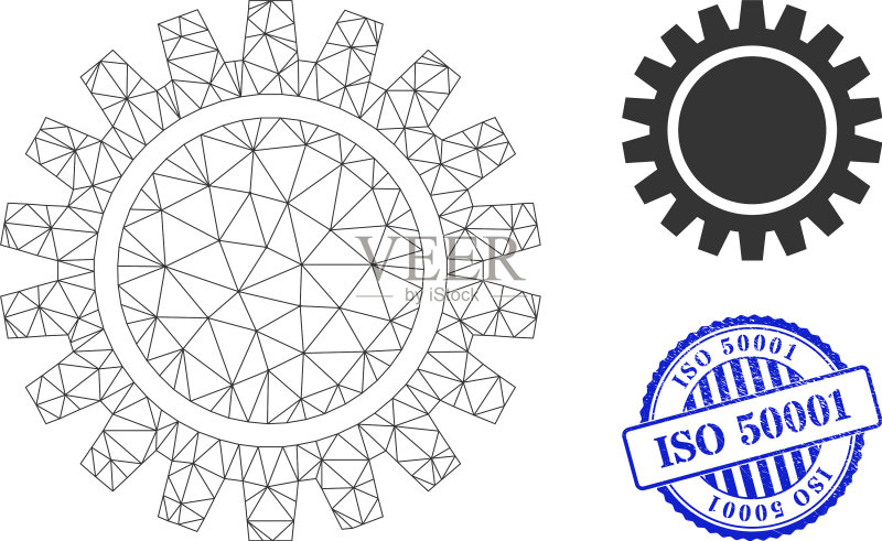 ISO 50001 Grunge印章和Web网络齿轮图标素材