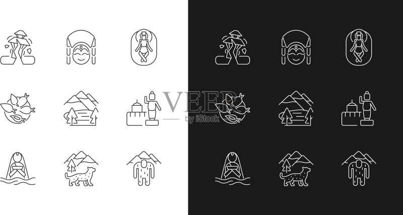 尼泊尔文化线性图标集(深色背景)图标素材