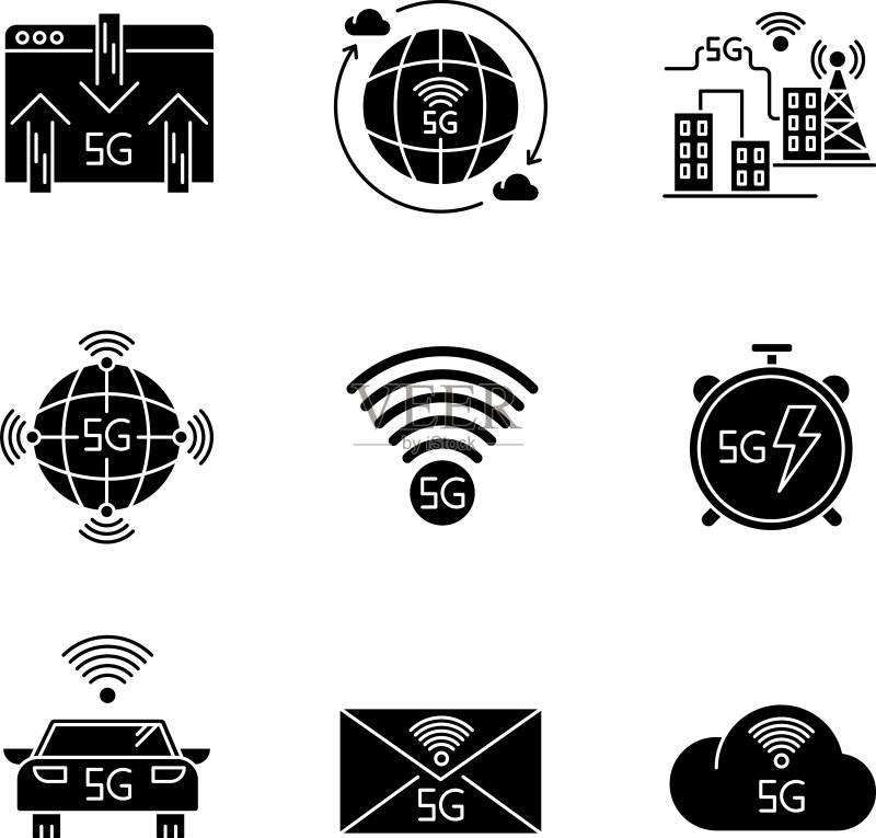 5G无线技术黑色轮廓图标合集图标素材