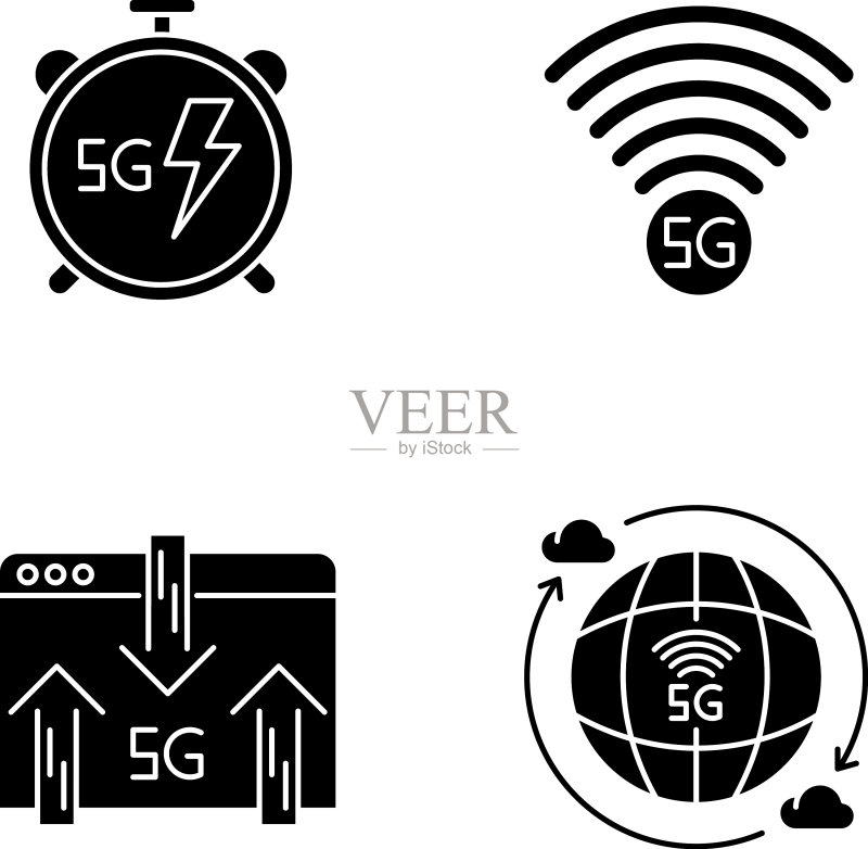 5G无线技术黑色轮廓图标合集图标素材