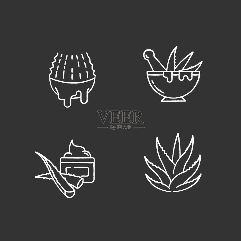 黑色背景上的白色芦荟粉笔图标集图标素材