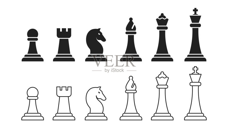 国际象棋图标集:黑色线性风格,矢量EPS 10图标素材