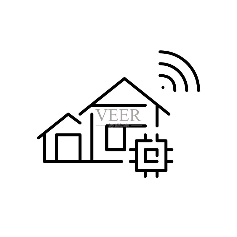 带有CPU芯片和WIFI连接的智能家居像素完美可编辑笔画线条图标图标素材