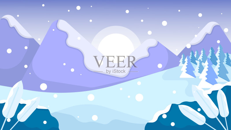 雪景与山,松树和夕阳。正版插画素材