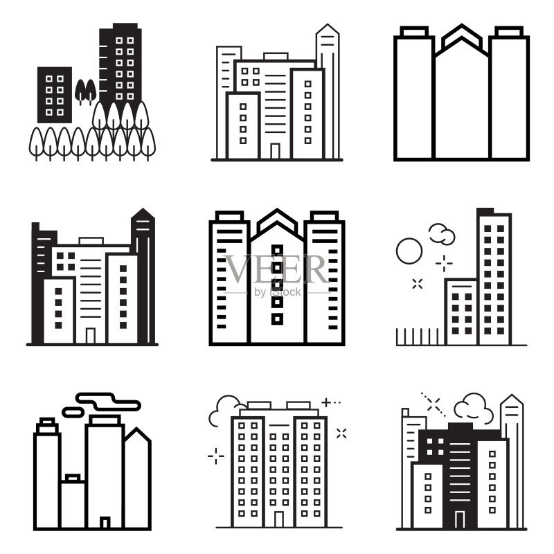城市建筑扁平图标集图标素材