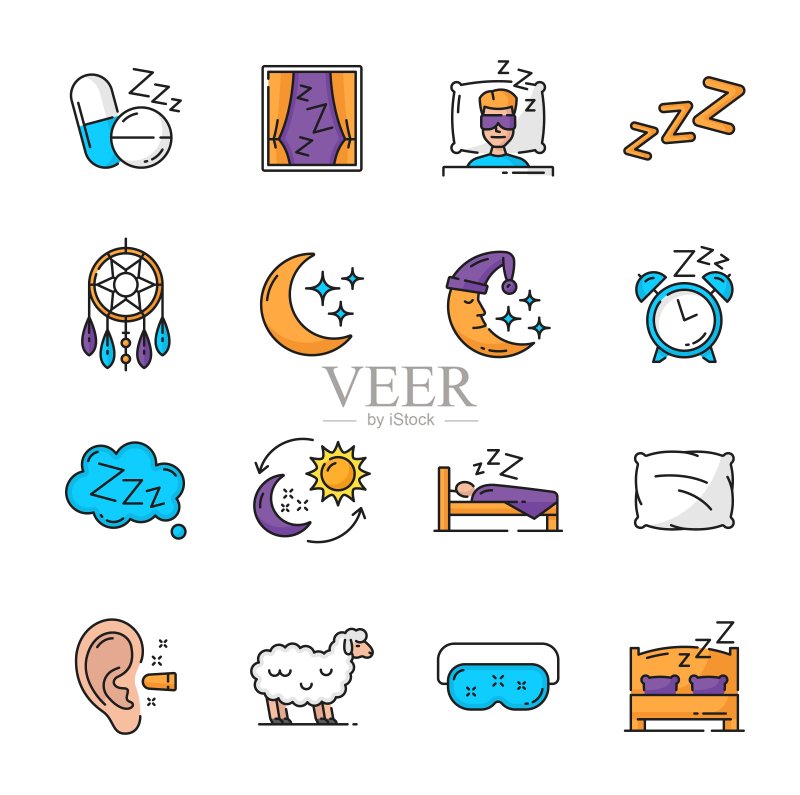 彩色睡眠图标:孤立的轮廓矢量图图标素材