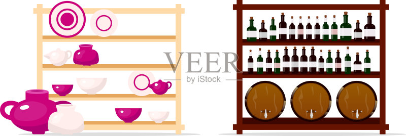 陶器和葡萄酒展示扁平颜色对象集图标素材