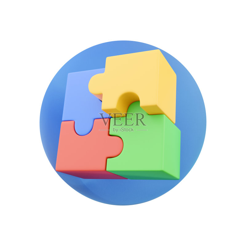 3D渲染拼图图标,四色拼图,白色背景上的拼图图标图标素材