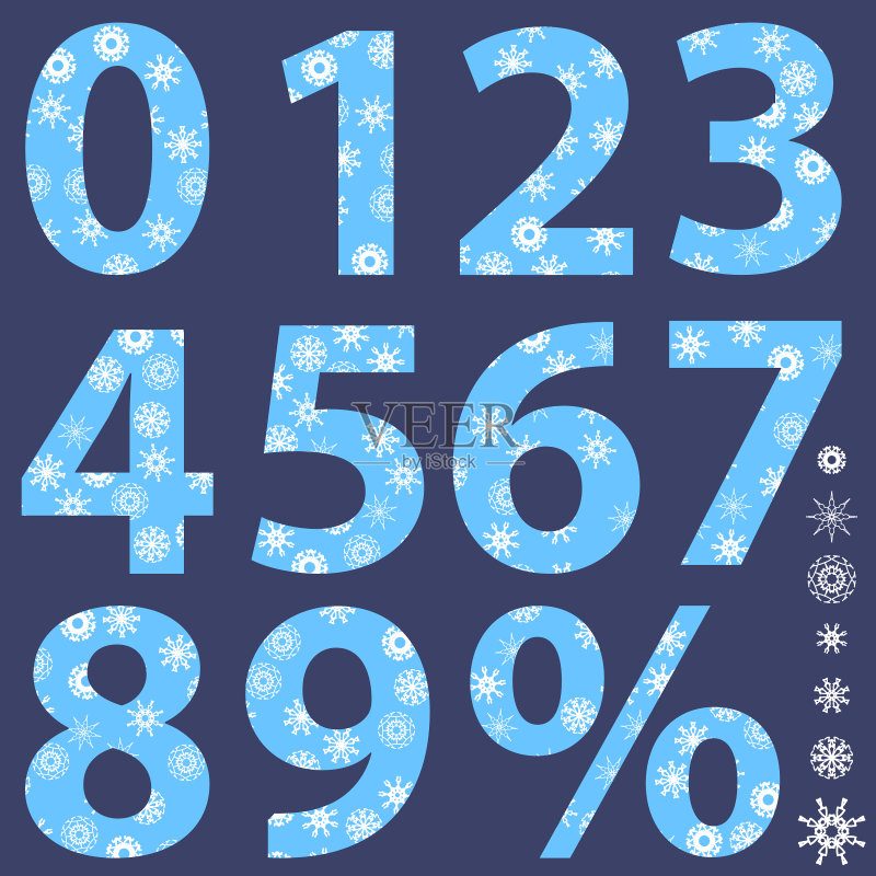 蓝色背景上的冬季雪花数字图标素材