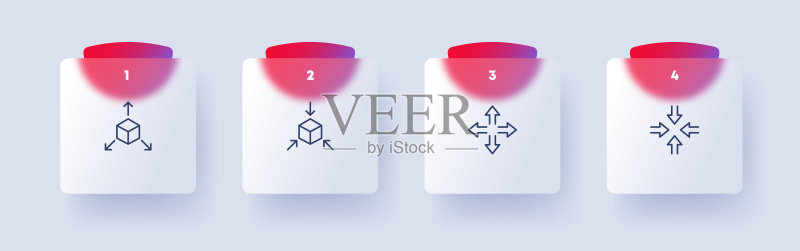 放大和缩小箭头图标集:立方体、视角、360度、观察、元宇宙、VR虚拟现实概念,玻璃拟态风格,商业和广告矢量线条图标图标素材
