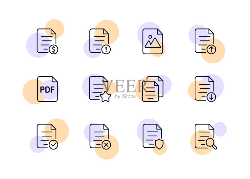 文件集图标:付费信息、图库、图像、下载文件、文本文档、选中标记、私有、PDF、收藏夹、搜索,数据集概念,用于商业和广告的矢量线条图标图标素材