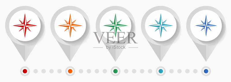 指南针概念矢量图标,可编辑的信息图表模板,一组彩色扁平设计指针图标素材
