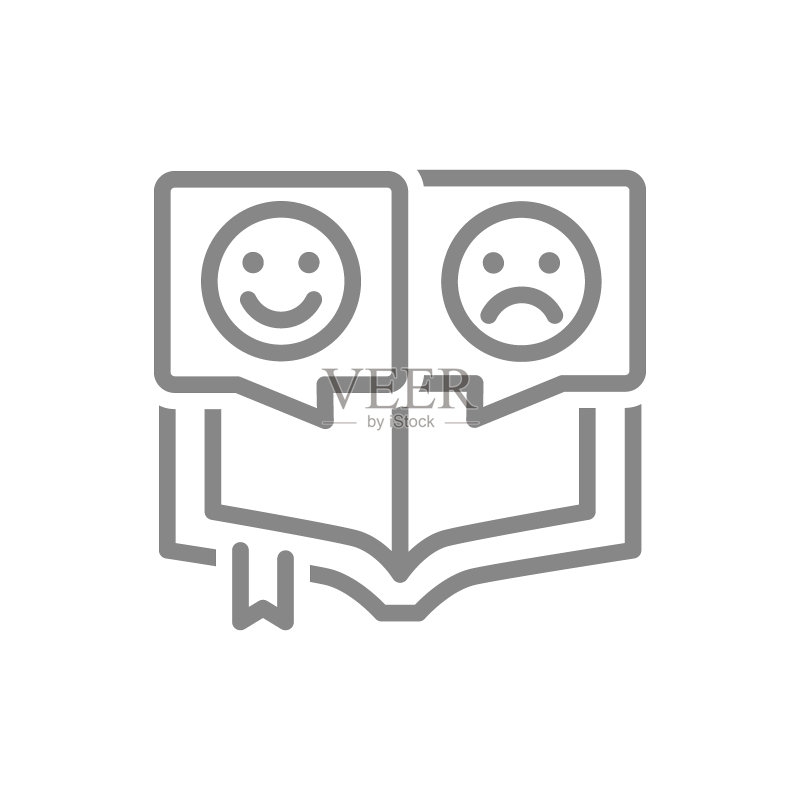 带有不同情绪线条图标的打开的书本:积极与消极的表情符号,读者评论标志图标素材
