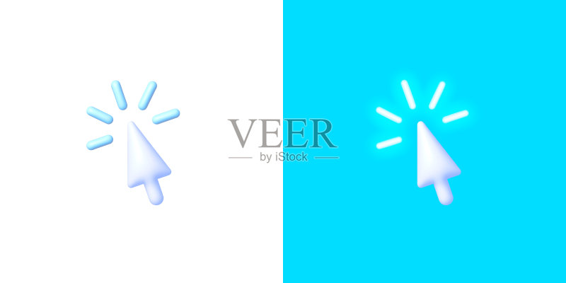 蓝色背景上的3D霓虹光标箭头图标素材