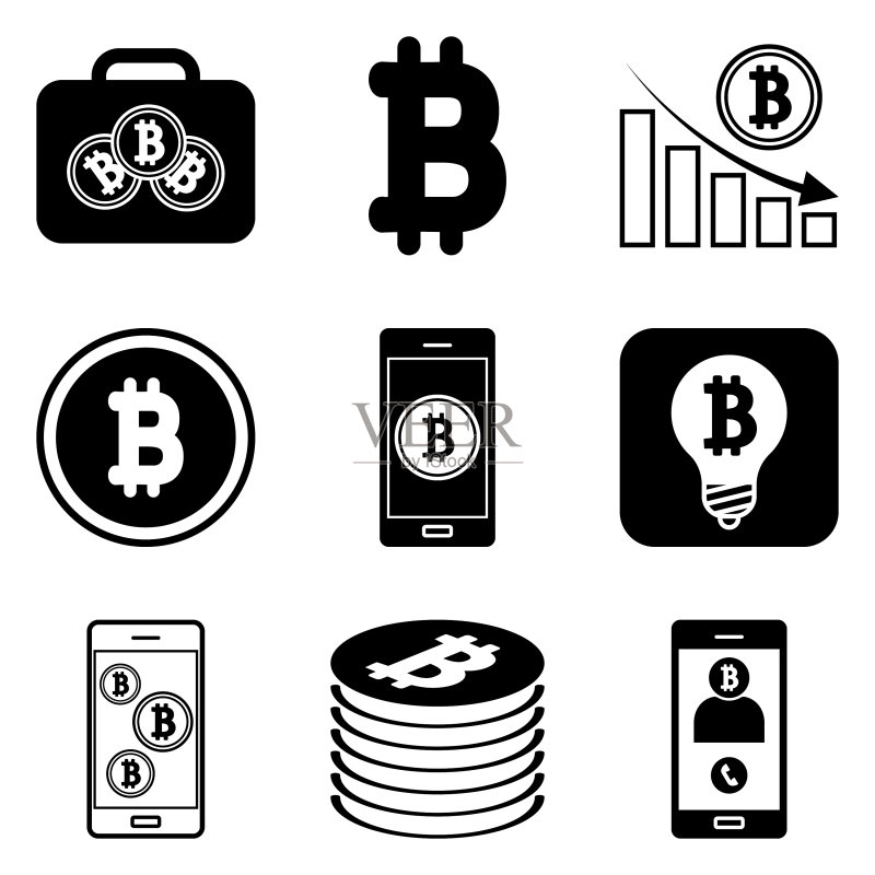白色背景上孤立的比特币扁平图标集图标素材