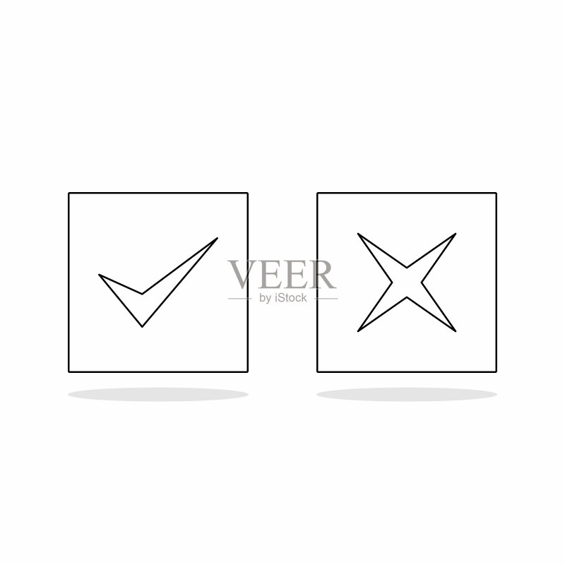 检查和错误标记,勾号和叉号,接受/拒绝,批准/不批准,是/否,正确/错误,绿色/红色,正确/错误,确定/不确定 - 矢量标记符号。黑色轮廓设计。孤立的图标。图标素材