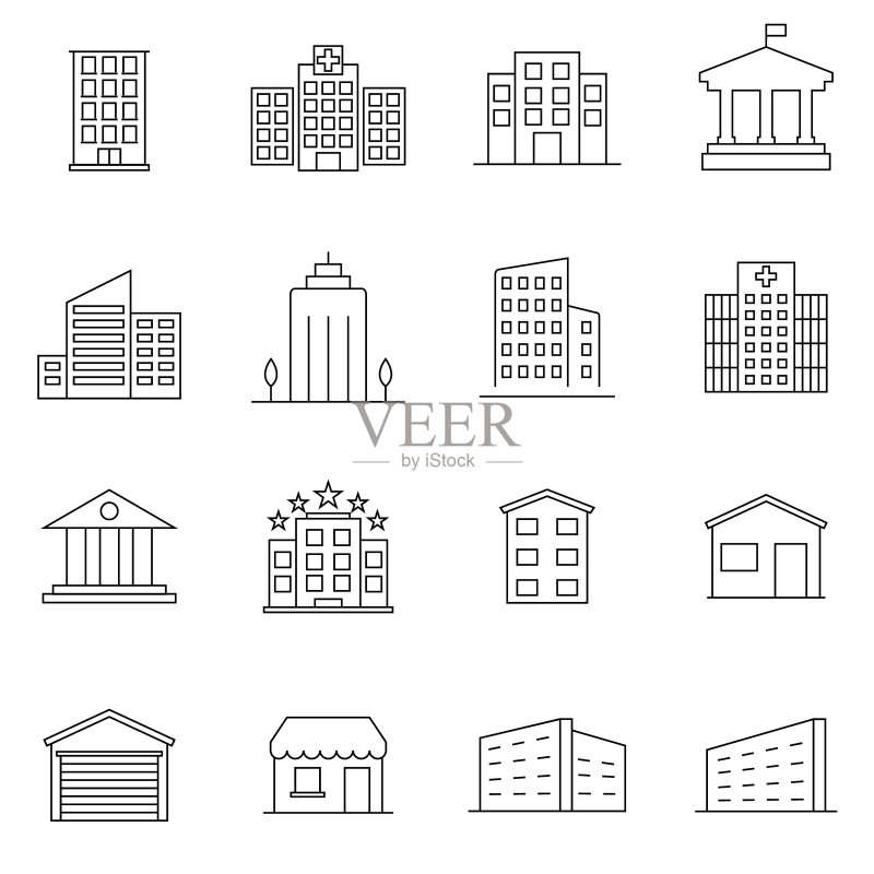 银行、商店、大学建筑线条图标集图标素材