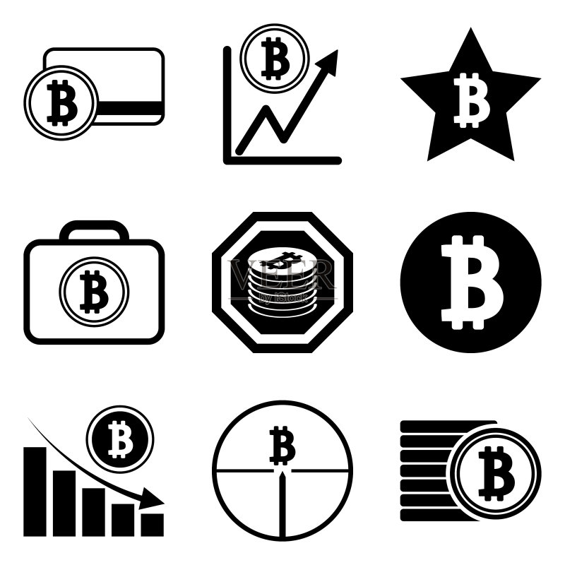 12个扁平风格的比特币图标,白色背景图标素材