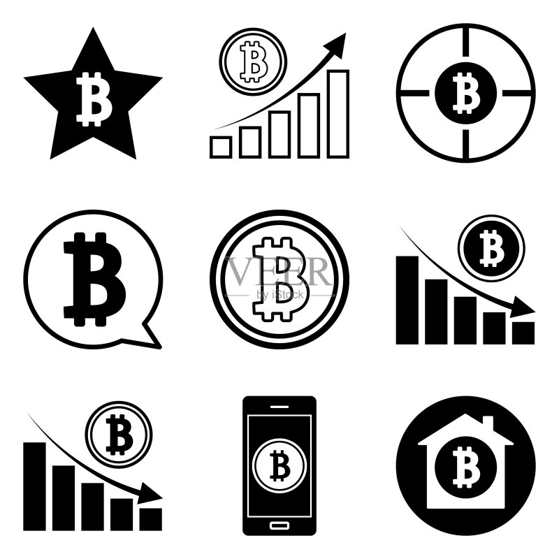 12个扁平风格的比特币图标,白色背景图标素材