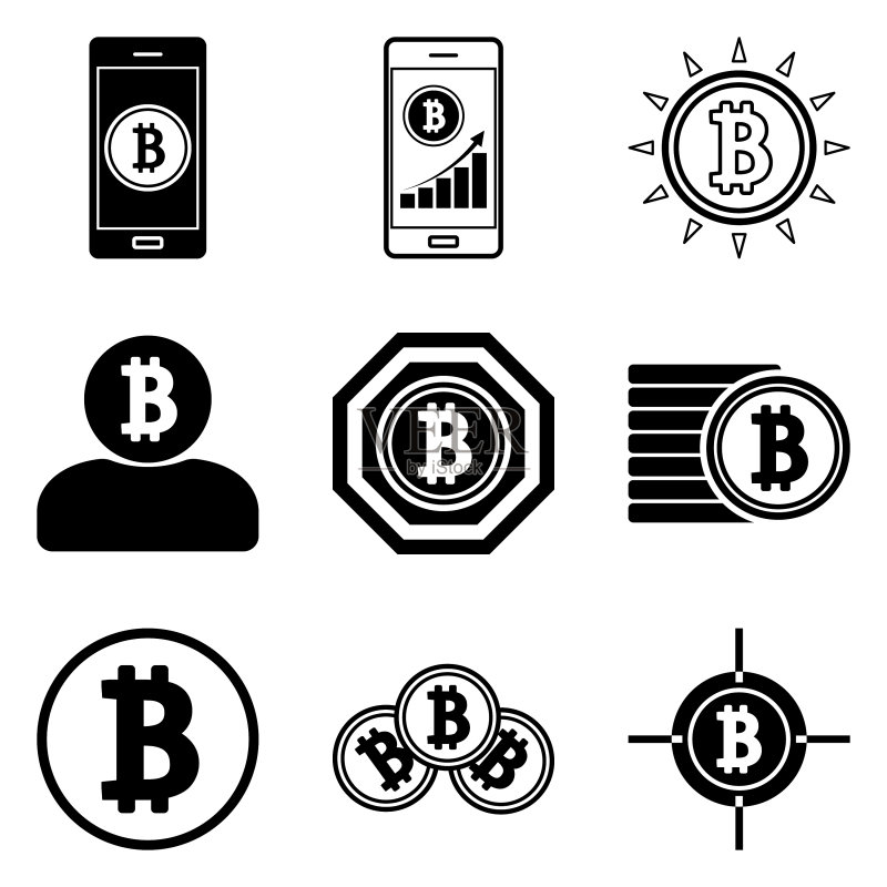 12个扁平风格的比特币图标,白色背景图标素材