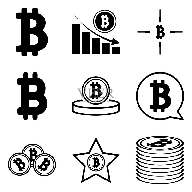 12个扁平风格的比特币图标,白色背景图标素材