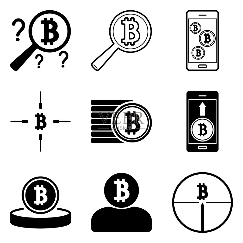 12个扁平风格的比特币图标,白色背景图标素材