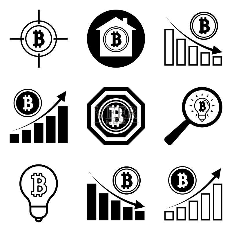 12个扁平风格的比特币图标,白色背景图标素材
